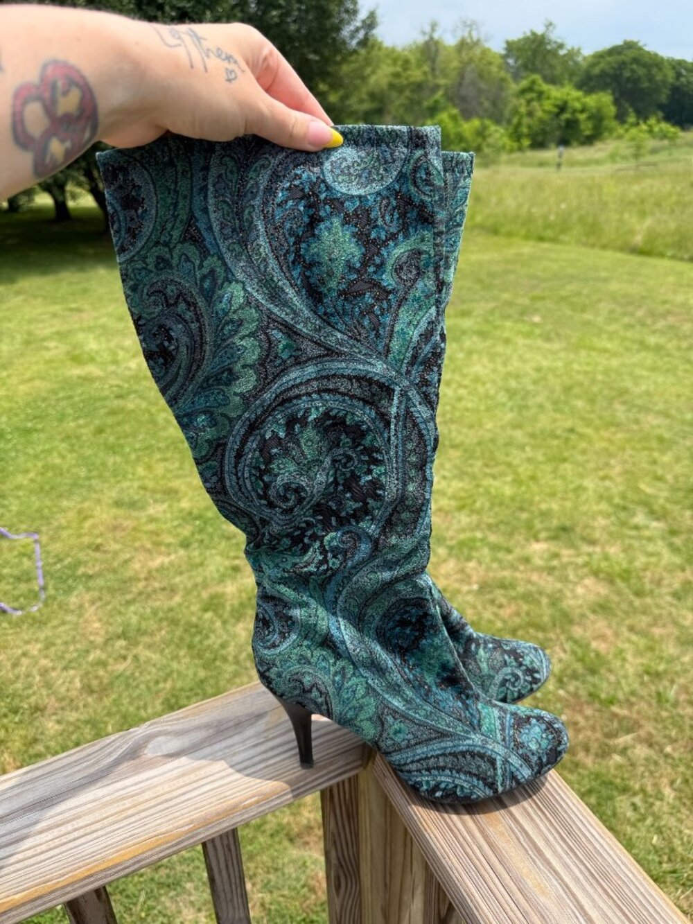 Paisley Knee High Heels sz9.5 Y2K Boho Glam Coquette Festival Boots 3584 - Picture 3 of 14